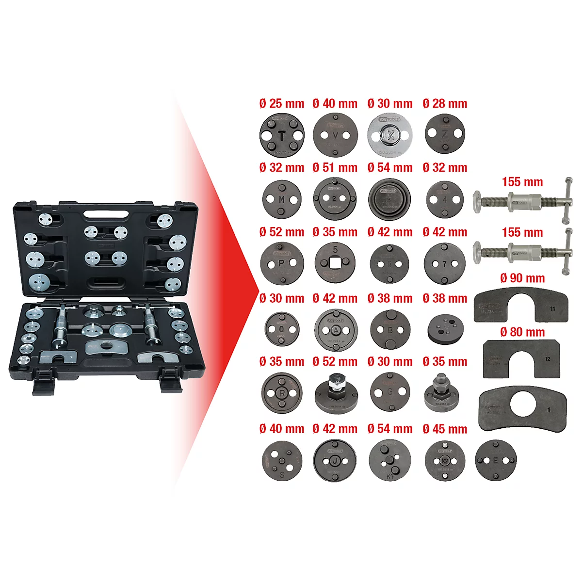 Werkzeugkasten mit verschiedenen Werkzeugen, wie z.B. runde und eckige Werkzeuge und Messwerkzeuge.